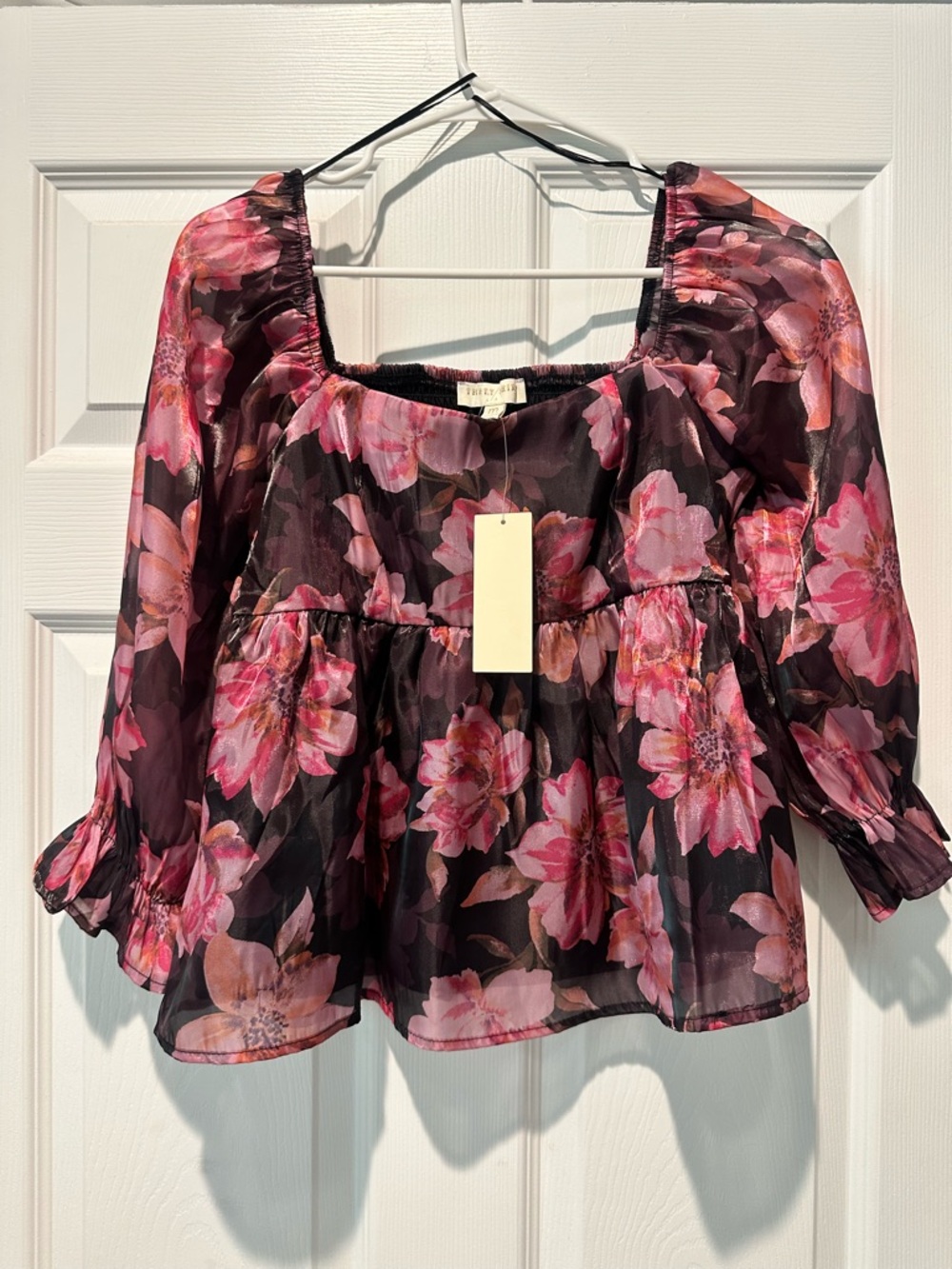 Black Long Sleeve Blouse with Pink Floral Print